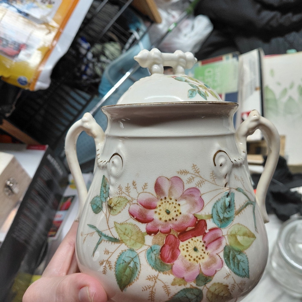 antique ironstone sugar bowl or biscuit jar, possibly in the "Moss Rose